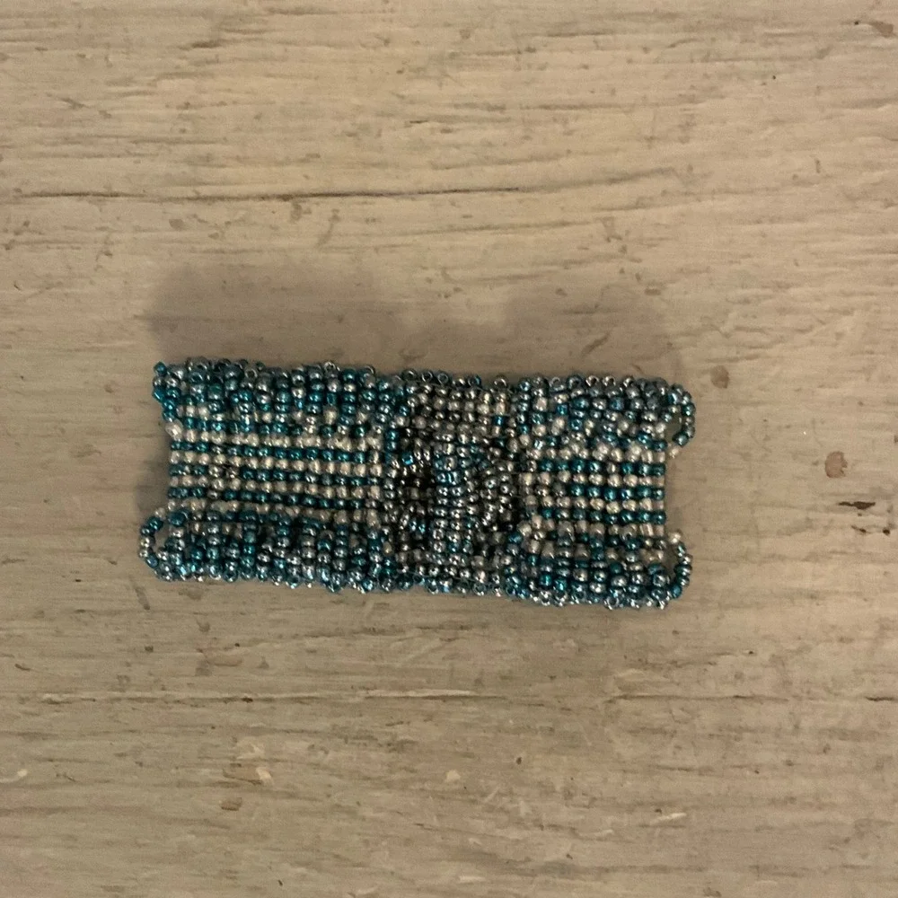 Handmade Blue White Iridescent Mini Beaded Cuff Bracelet 7